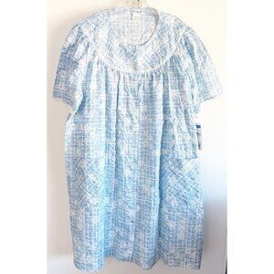 VTG Smart Time 3X Lightweight Snap Housecoat Muumuu Blue 44"L Floral Plaid NWT